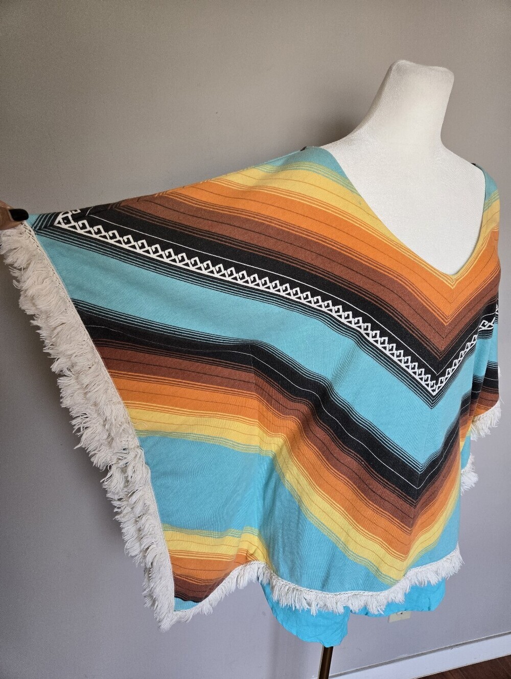 Billabong Western Boho Striped Fringe French Terry Poncho Beach Cover-Up S/M - Picture 2 of 10